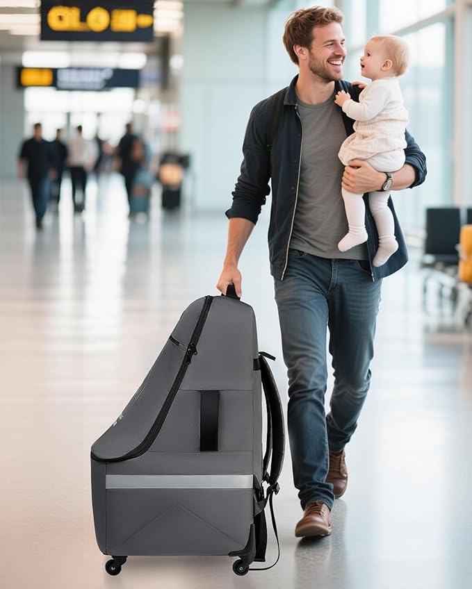 MCBD Car Seat Travel Bag for Airplane, Foldable Baby Carseat Backpack for Travel Padded Carseat Carrier for Airport Gate Check, Infant Stroller Cover with Reflective Strips