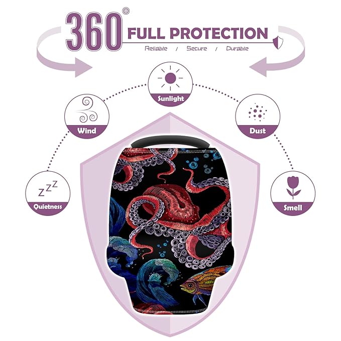 Baby Car Seat Stroller Covers Ocean Octopus Waves Fish Nursing Cover Breastfeeding Scarf Soft Breathable Stretchy Infant Car Canopy Coverage Carseat Cover for Boys and Girls Multi Use