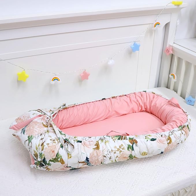 DILIMI Baby Lounger Cover, Cotton Baby Nest Replacement Cover for Girls Boys, Soft Breathable Reversible Newborn Lounger Cover, Pink Floral (Only Cover)