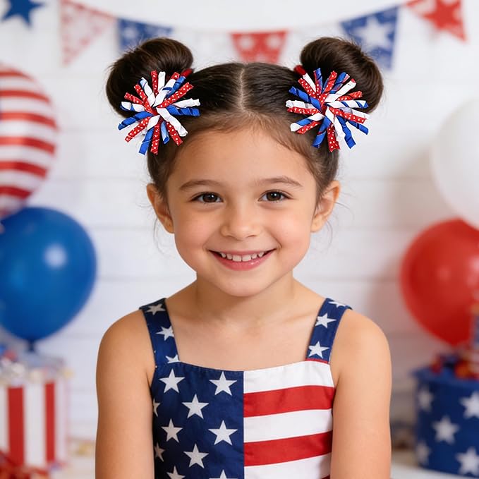 Patriotic Korker Hair Bow Clips Hair Accessories for Kids Girls 4th of July Party Accessories Red White Blue Bows Favors Decorations 4pcs