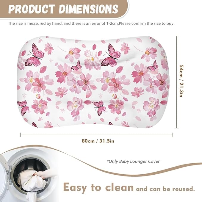 Cherry Blossom Butterfly Newborn Lounger Cover for 0-12 Months Girls Breathable & Portable Infant Lounger Case Universal Baby Lounger Replacement Cover