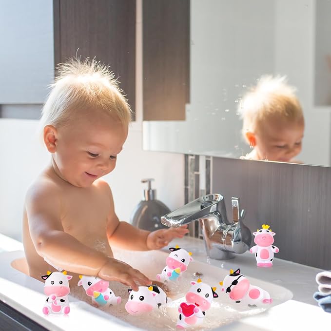 Jenaai 24 Sets Cute Rubber Cow Gifts Set Include Squeak Floating Cows Moo Moo Cards Organza Bags Rubber Animal Figures Bathtub Toy for Employee Baby Shower Bulk