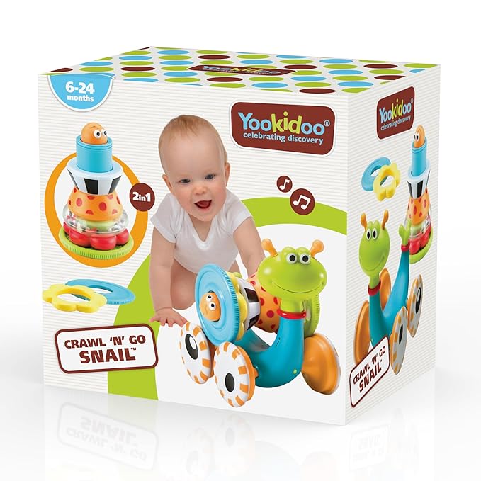 Yookidoo Musical Crawl 'N' Go Snail Toy with Stacker - Promotes Baby's Crawling and Walking. Rolls and Spins Its Shell As It Moves.