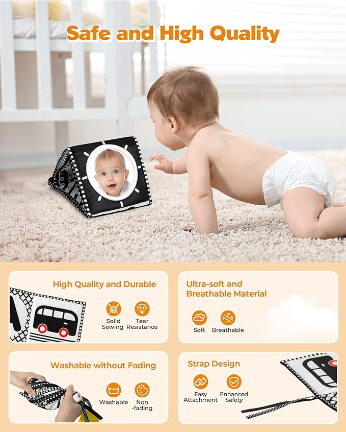 Melican Black and White High Contrast Baby Toys 0-6 6-12 Months, Soft Book with Teether, Newborn Infants Tummy Time Toys, 0-3 3-6 Month Sensory Visual Stimulation, Montessori Learning Essentials
