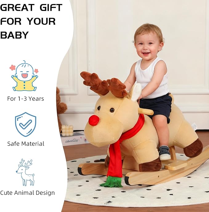 Baby Rocking Horse with Jingle Bells, Baby Rocking Chair for Toddlers 1-3 Years, Soft Plush Wooden Ride-on Toy Rocking Animal for Baby Boys and Girls Child Birthday Gift, CPC&CE Certified (Apricot-02)