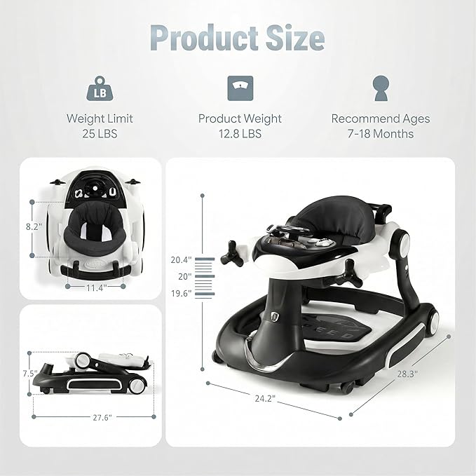 7 in 1 Foldable Baby Walker, Infant Activity Walker w/Adjustable Height, Detachable Play Tray with Music & Light, Baby Push Walker with Wheels for Boys Girls 7-18 Months, Speed Control, Black