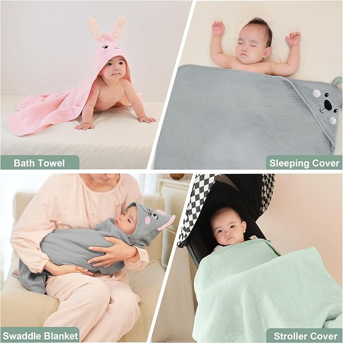 FIOBEE Hooded Baby Towels 100% Muslin Baby Bath Towels for Newborn with Animal Design Ultra-Soft and Absorbent Bath Essentials for Toddler, Unisex Girls Boys 30 x 30 inch, Green Dinosaur