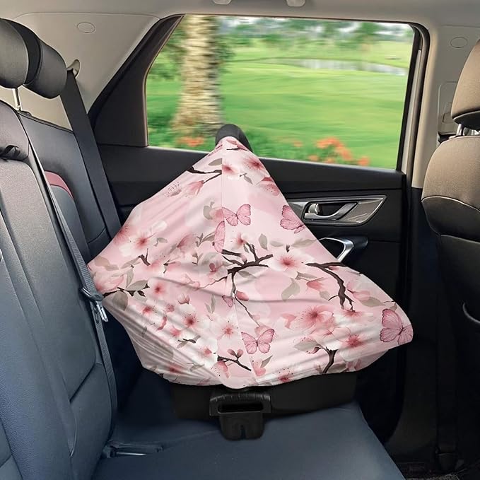 LedBack Pink Butterfly Sakura Stretchy Car Seat Cover for Babies,Nursing Cover Breastfeeding Cover,Soft Breathable Baby Carseat Canopy