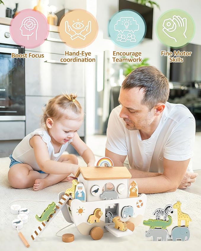 Wooden Noah’s Ark Toy for Toddlers 1-3, Baptism Christening Gifts for Boys Girls, Christian Toy Animal Shape Sorter, Baby Birthday