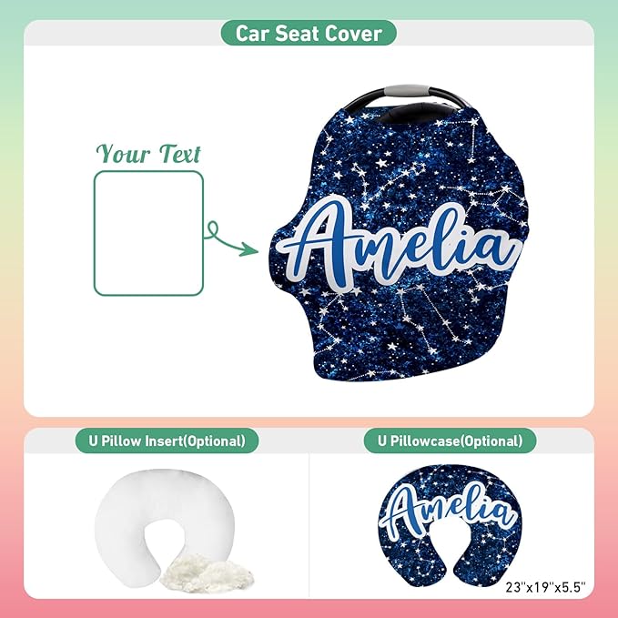 Personalised Car Seat Cover for Girls and Boys - 7 in 1 Multipurpose Blue Print Breast Feeding Cover, Nursing Cover, Grocery Cart Cover - Birthday Gift for Babies