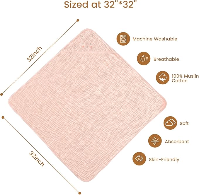david's kids 2 Pack Hooded Baby Towels, Large 32"x32", 6 Layer 100% Muslin Cotton Highly Absorbent Girl Bath Towel for Newborn, Infant, Toddler, Soft and Breathable Baby Essentials, Floral & Butterfly