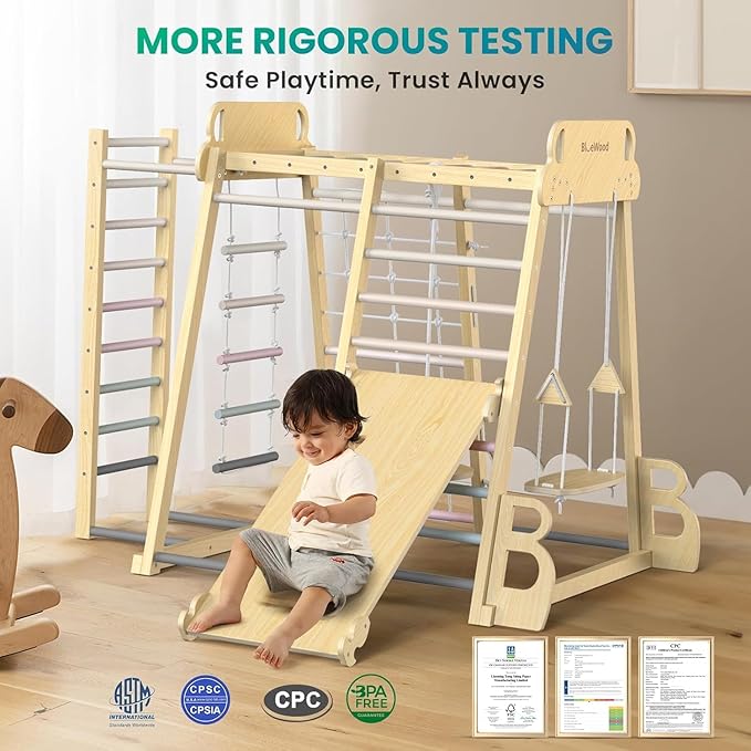 BlueWood Upgraded Indoor Jungle Gym 9-in-1 Playground Kids Climbing Toys, Waldorf Style Wooden Climber Playset with Slide, Swing, Monkey Bars, Upright/Rope Ladder, Climb Net, Pink