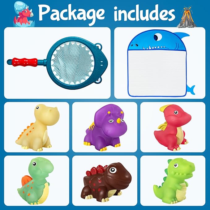 No Hole Dinosaur Bath Toys - Color Change Bath Toys for Toddlers, Fun Water Pool Bathtub Toys for Boys & Girls (with Shark net)