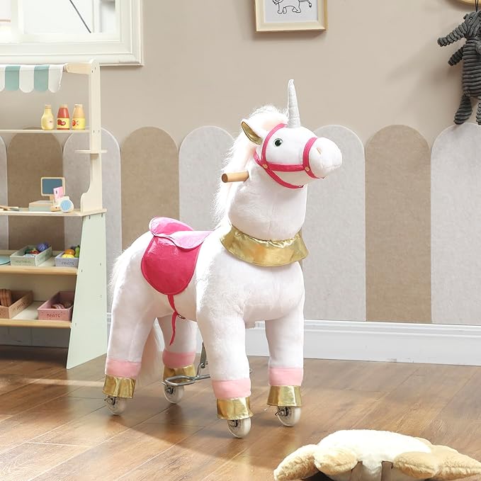 Qaba Ride on Horse for Kids 3-5 Years, 29.5 Inch Height Plush Riding Unicorn, Walking Horse Animal with Rolling Wheels for Active Play, No Batteries Required, White