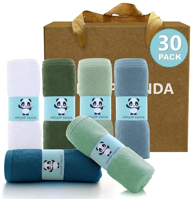 HIPHOP PANDA Baby Washcloths, Rayon Made from Bamboo - 2 Layer Ultra Soft Absorbent Newborn Bath Face Towel - Reusable Baby Wipes for Delicate Skin - Sage and Teal, 30 Pack