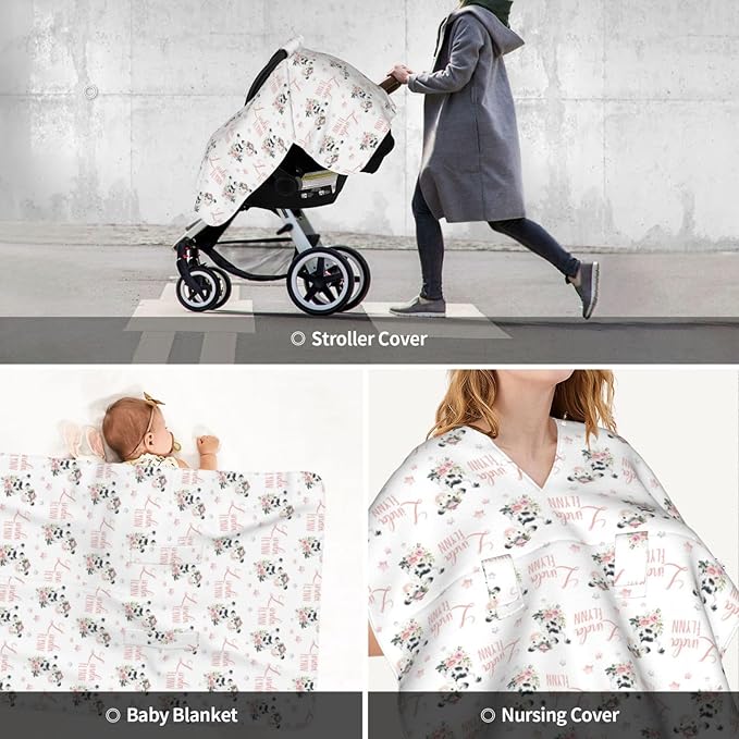 Personalized Baby Car Seat Canopy for Babies, Custom Name Floral Cow Baby Car Seat Covers for Girls, Opening Minky Nursing Breastfeeding Cover for Infant, Carseat Canopies for Newborn