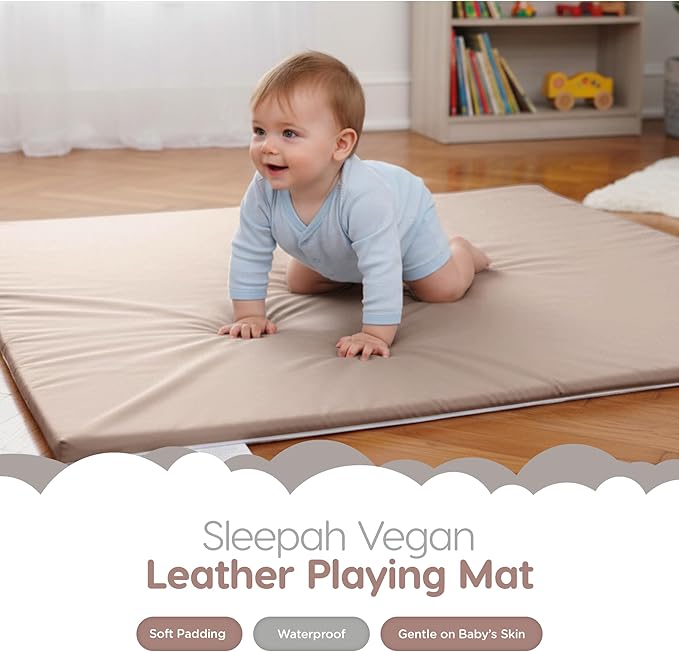 Baby Play Mat for Floor (50" x 50") Waterproof Vegan Leather - Easy to Clean w Removable Cover - Mat for Tummy Time - Padded Thick 1.5" Foam Support Non-Slip Bottom for Infant Kids and Toddler (Tan)