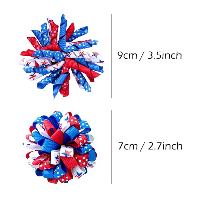 July 4th Korker Hair Bow Clip 3'' Kids Patriotic Curly Corker Fireworks Cheer Bow Alligator Barrettes Toddler Baby Girls Independence Day Christmas Party Favor Gift Accessories