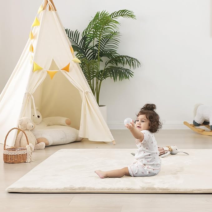 1.5" Thick Baby Play Mat for Floor, 39x59 Playpen Mat, Pro Soft Flannel Foam Mats Toddler Infant Kids Crawling for Nursery Rug Playroom Living Room Waterproof Easy Care Non-Slip (Beige)