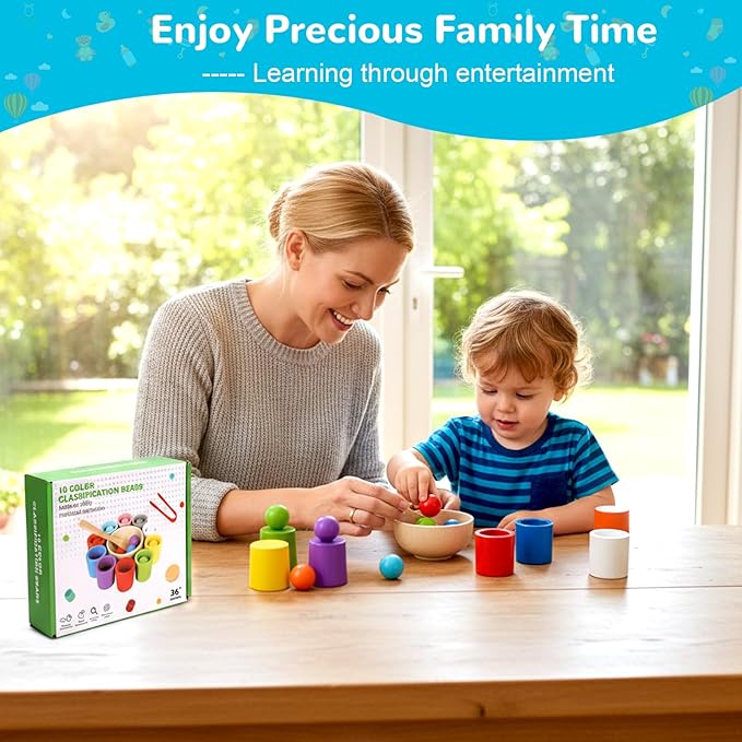 10 PCS Rainbow Balls in Cups, Mini Wood Classification Cup Game, Rainbow Sorting Balls with Spoon and Tongs, Preschool Learning Educational Montessori Matching Games for 3+ Year Old