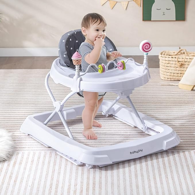 HONEY JOY Baby Walker, Foldable Toddler Walker with Toys, Push Walker for Boys and Girls, Adjustable Height, High Back Padded Seat, Infant Activity Walker with Wheels (Gray)