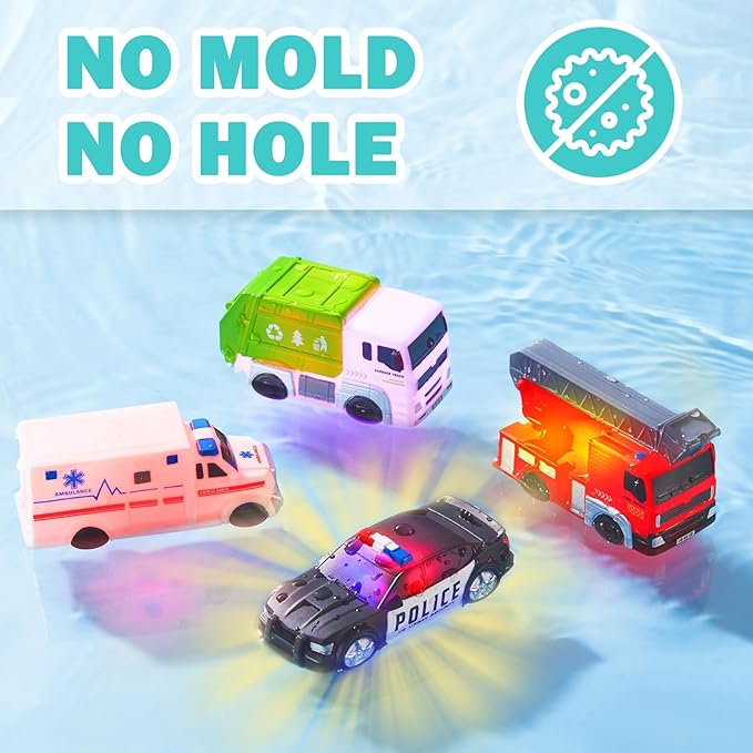 4 Floating Changing Color Light Up Bath Toy Car with Bath Book & Storage Bag, No Hole Realistic Car Bathtub Toys for Toddler Kid 18 month +, Bathroom Tub Pool Beach Swimming Party, Birthday Gift