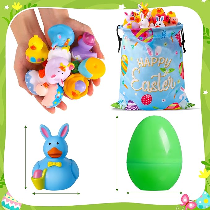 18 Pcs Easter Rubber Ducks with 18 Pcs Easter Eggs, Easter Ducks for Jeeps Easter Egg Fillers Basket Stuffers Party Favors, Rubber Ducks for Ducking Bath Toys for Kids Toddler with a Storage Bag
