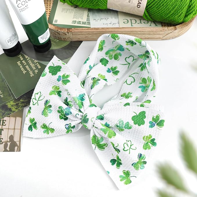 7” Large St Patricks Day Baby Bows Green Shamrock Clover Headbands for Girl Infant White Leaves Tied Bows Hairband St Patricks Hair Accessories Gift