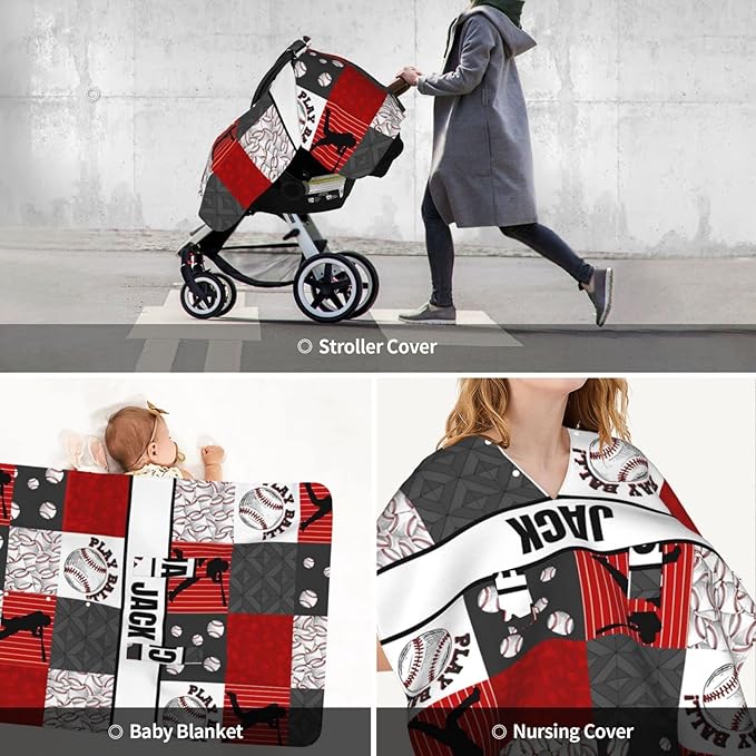 Personalized Baby Car Seat Canopy for Babies with Name, Custom Car Seat Covers for Boys Girls, Infant Opening Minky Nursing Breastfeeding Stroller Cover Carseat Canopies for Newborn (Baseball)