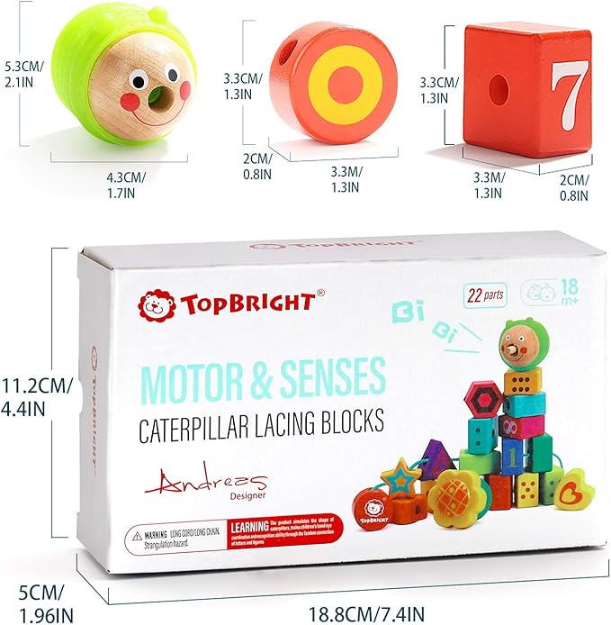 TOP BRIGHT Wooden Lacing Beads for Toddlers, Kids Fine Motor Skills Montessori Toys for 1 2 Year Old Girls Boys, Threading Toys for Two Year Old Girl Birthday Gifts