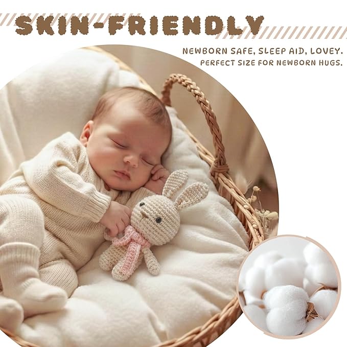 Moyii Handmade Crochet Bunny Baby Rattle - Soft Cotton Amigurumi Sensory Shaker Toy for Newborns & Infants - Easy Grip Lovey Sleep Toy & Neutral Nursery Decor Shower Gift