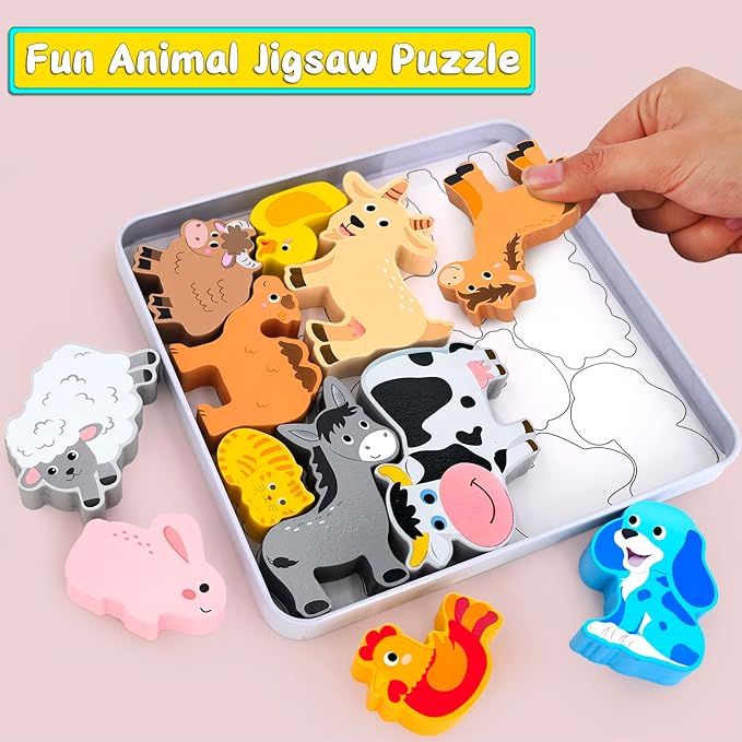 KECIABO Wooden Animal Puzzles Toys for Toddlers,12 Pcs Farm Animal Figures,Animal Matching Sorting Stacking Toys for Boys Child Girls,Educational Learning Toys Gift for Kids