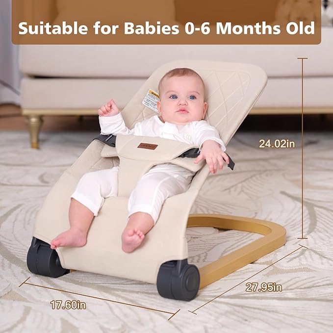 Baby Bouncer,Portable Baby Bouncer Seat & Foldable with 3 Height Adjustments, Ergonomic Bouncer for Babies 0-6 Months, Wood Grain Style, Natural Vibrations, Includes Storage Bag (Beige)