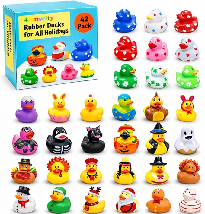 4E's Novelty Rubber Ducks for All Holidays, Bulk Pack of 42 - Includes 6 of Each Holiday, St Patricks Day Duckies, Easter, July 4 Ducks, Bath Toys for Kids, Gift for Jeep Owners, Jeep Ducking