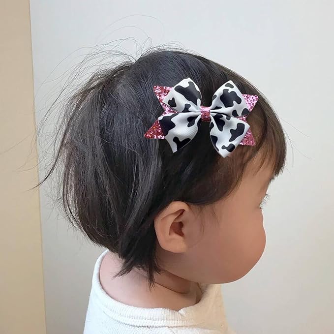 2Pcs Cow Print Hair Bow Clips for Girls,Cute Moo Cow Hair Barrettes Hand-made Grosgrain Ribbon Hair Bows Pink Cow Bow Alligator Clips Hair Accessories for Toddlers Baby Little Girls Kids Teens