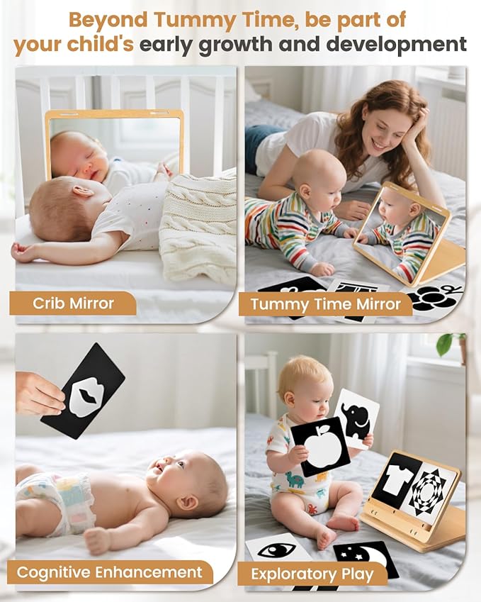 Tummy Time Mirror for Baby Montessori Baby Floor Mirror with High Contrast Black and White Cards Infant Safe Mirror Toy for Newborn