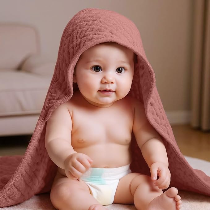 VitalCozy 6 Pcs Baby Muslin Hooded Bath Towels and Washcloths, Muslin Hooded Baby Towels Absorbent Blankets for Gift Newborn Infant Shower (Brown,Burnt Orange)