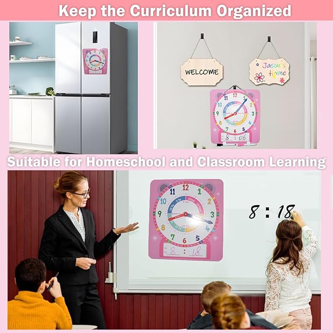 Teaching Clocks for Kids, Large Magnetic Writable Dry Erase Learning Clock with Pen,12" Teaching Demonstration Clock Learning Time to Tell Time for Kids Home School Classroom Supplies-Pink