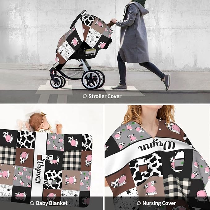 Personalized Baby Car Seat Canopy for Babies, Custom Name Car Seat Covers for Boys and Girls, Opening Minky Nursing Breastfeeding Cover for Infant, Carseat Canopies for Newborn (Cute Cow)