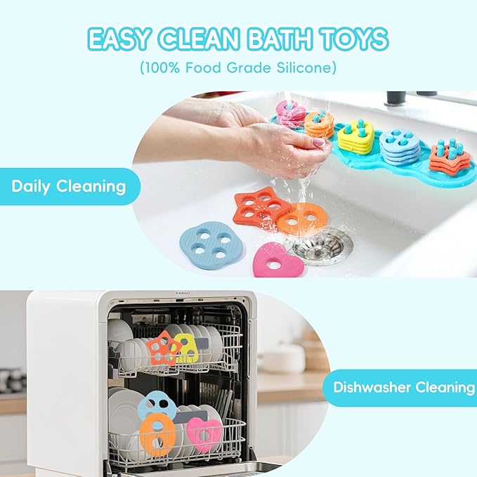 Toddler Bath Toys for Kids, Mold Free Bath Toys Silicone Color and Shape Sorting & Stacking Toys with 20 Textured Floating Pieces and Storage Bag, Early Learning Educational Sensory Toys for Toddlers