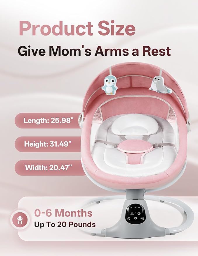 Electric Baby Swing for Infants to Toddler, Portable Swing Baby Rocker with 5 Point Harness, 5 Sway Speed, Bluetooth,12 Preset Lullabies with Remote Control, Infant Swing for Baby Boys & Girls, Pink