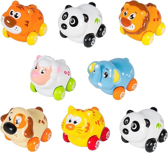 AZ Trading & Import PS376 Cartoon Animals Friction Push & Go Toy Cars Play Set of 8 Panda, Cat, Elephant, Dog, Lion, Tiger & Sheep