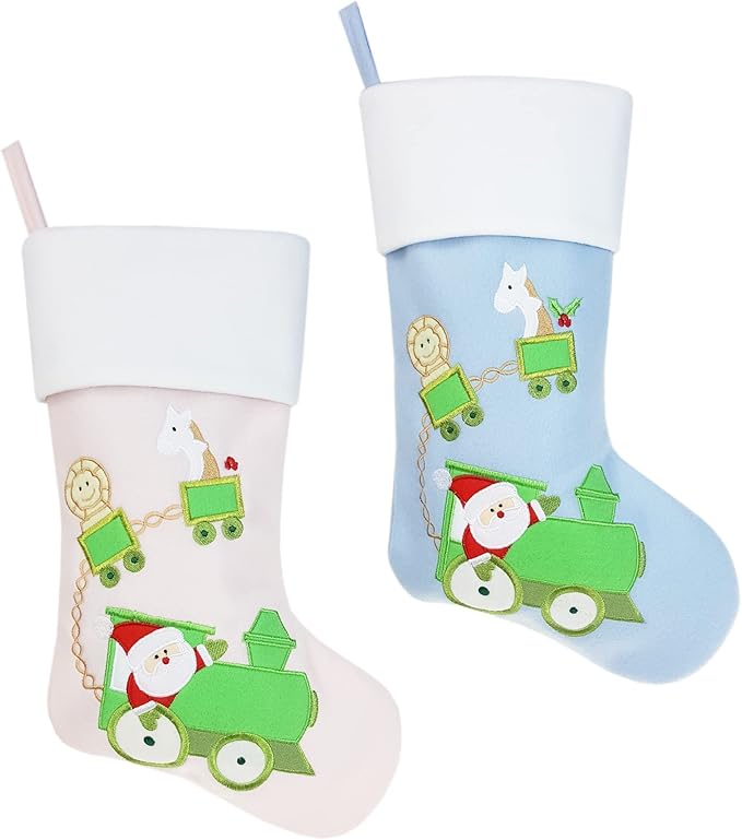 DearSun Personalized Christmas Stocking for Baby Pink & Blue Gift Bags for Newborns (Blue Stocking with Train)
