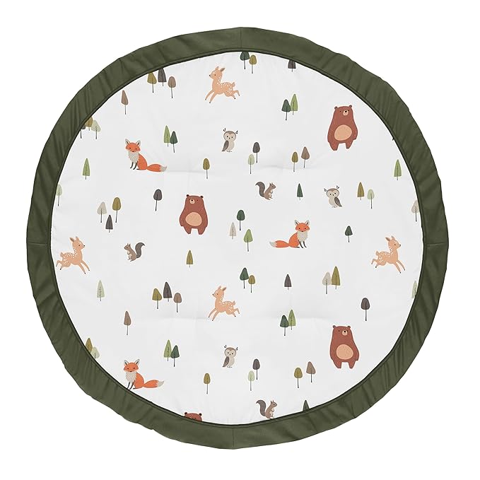 Sweet Jojo Designs Baby Play Mat (Woodland Animals) for Girls and Boys, Infant, Toddler Tummy Time Activity Floor Playmat (Sage Green, Watercolor, Forest Animal Friends, Brown Bear, Fox, Deer, Leaves)