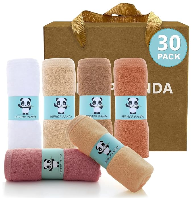 HIPHOP PANDA Baby Washcloths, Rayon Made from Bamboo - 2 Layer Ultra Soft Absorbent Newborn Bath Face Towel - Reusable Baby Wipes for Delicate Skin - Blush and Mocha, 30 Pack