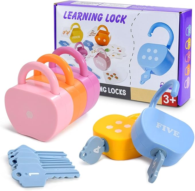 GEERAY Cause and Effect Toys for Toddlers 3+, Montessori Lock & Key Set with 5 Apple-Shaped Locks, Keys & 10 Cards – Learn Numbers, Colors & Motor Skills STEM Toy Gift for Home & Classroom