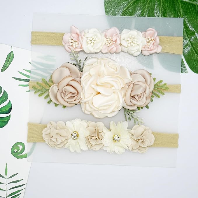 Baby Girl Flower Headbands Set, 3pcs Elastic Nylon Floral Hair Band, Bows Wrap for Infant Newborn Toddler
