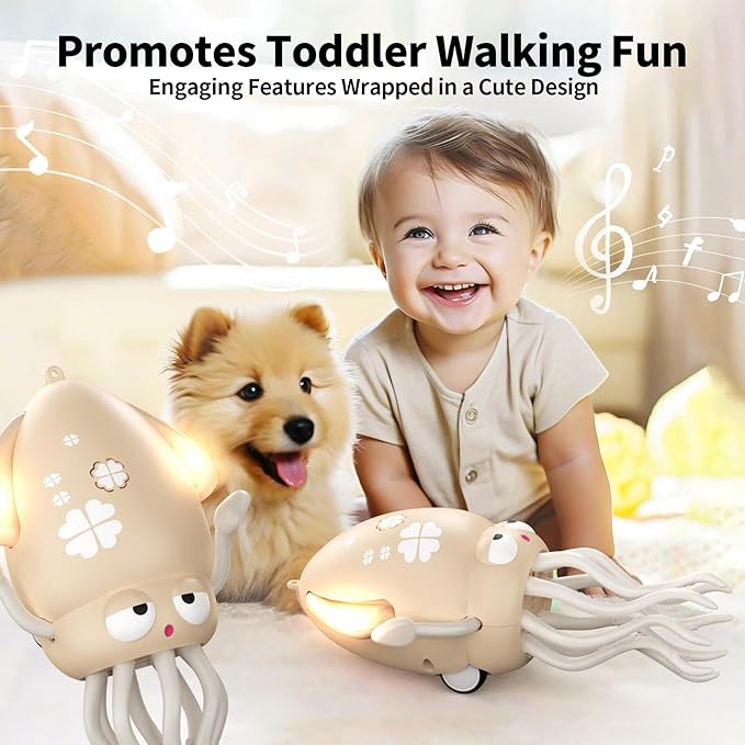 Electric Dancing Octopus Toy with Led Light and Music, Kids Electric Crawling Octopus Tummy Time Toys, Rechargeable Interactive Sensory Toy, for Christmas Birthday Gift (White)