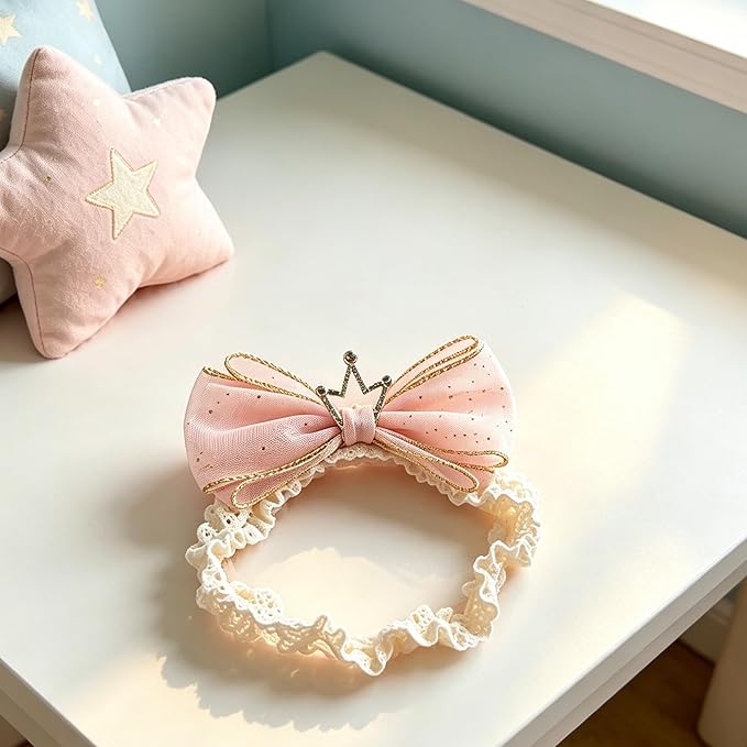 Baby Girls Hairbands Bow Lace Headband Handmade Soft Stretchy Pink Bowknot Hairbands Newborn Hairband with Bows Elastic Hair Bands for Kids Infant(Light Pink Crown Bow)