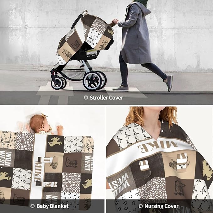 Personalized Baby Car Seat Canopy for Babies, Custom Name Car Seat Covers for Boys, Opening Minky Nursing Breastfeeding Cover for Infant, Carseat Canopies for Newborn (Western Cowboy)